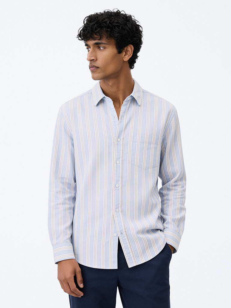 WES Casuals Blue Striped Relaxed-Fit Cotton-Blend Shirt