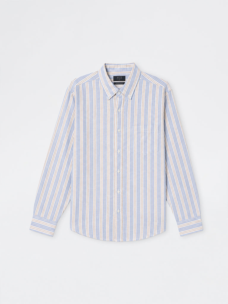 WES Casuals Blue Striped Relaxed-Fit Cotton-Blend Shirt