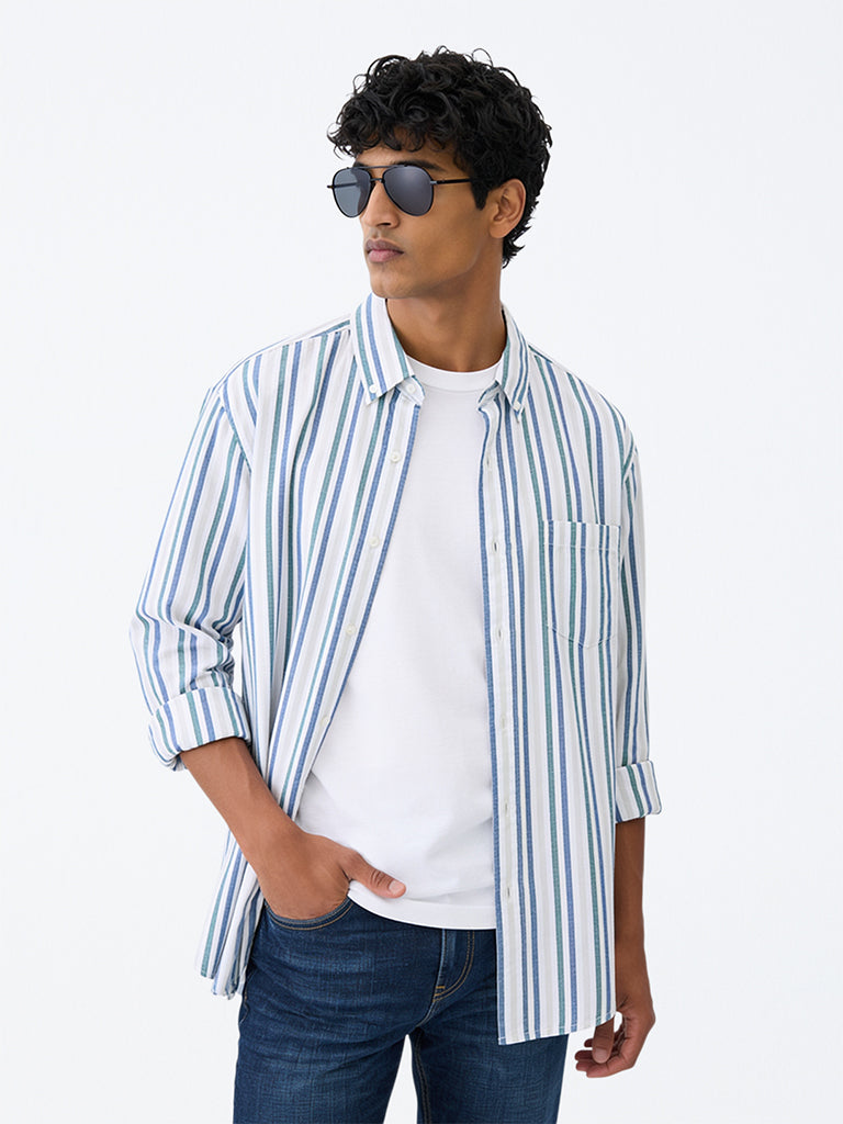 WES Casuals Multicolour Striped Relaxed-Fit Cotton-Blend Shirt