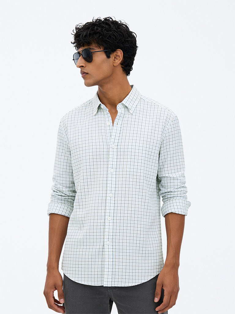 WES Casuals Off-White Checkered Relaxed-Fit Cotton Shirt