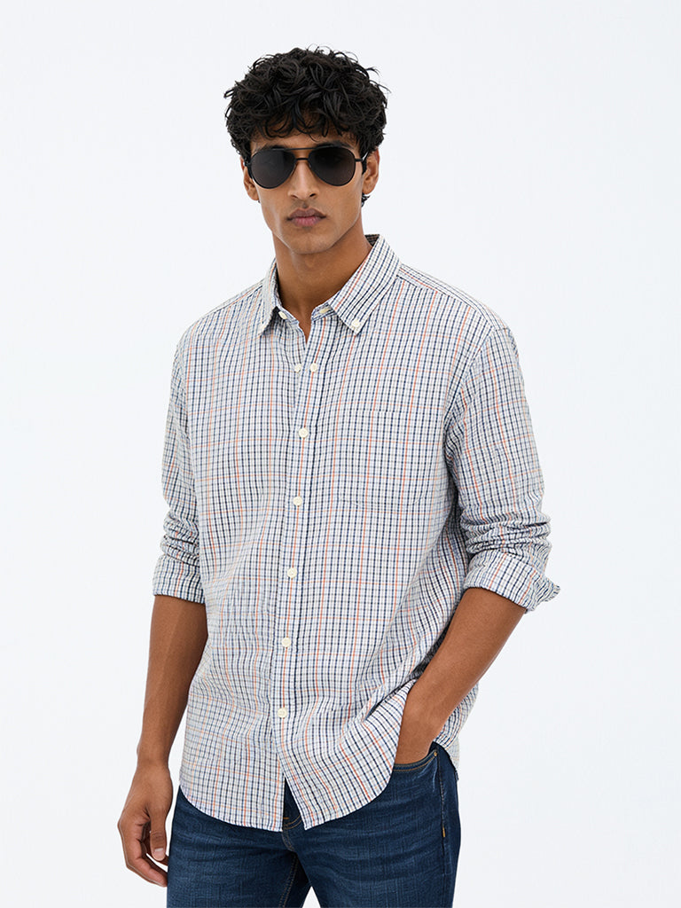 WES Casuals Blue Checkered Relaxed-Fit Cotton Shirt