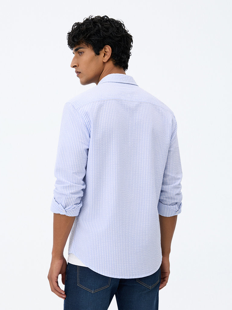 WES Casuals Blue Seersucker Striped Relaxed-Fit Cotton Shirt