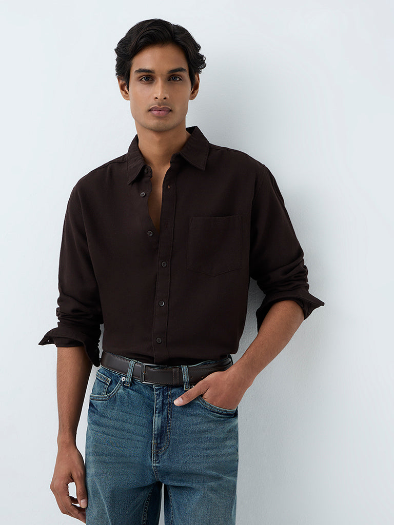 WES Casuals Dark Brown Solid Relaxed-Fit Cotton Shirt