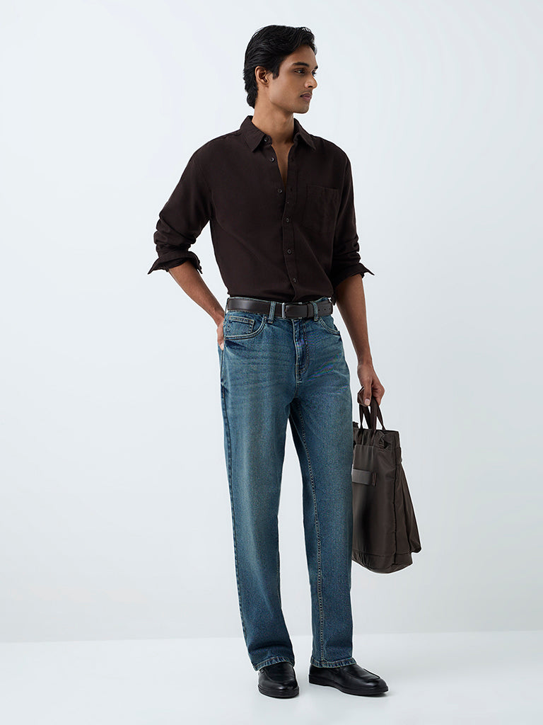 WES Casuals Dark Brown Solid Relaxed-Fit Cotton Shirt