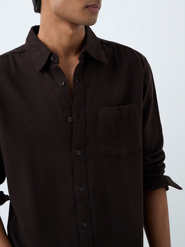 WES Casuals Dark Brown Solid Relaxed-Fit Cotton Shirt
