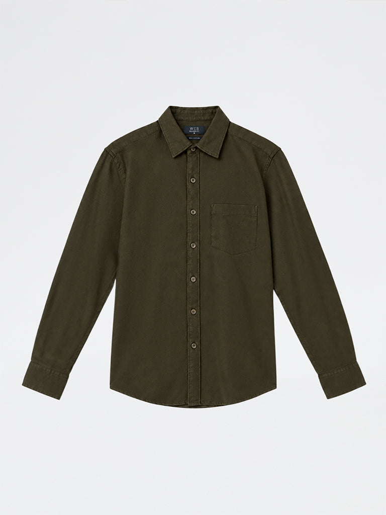 WES Casuals Dark Olive Solid Relaxed-Fit Denim Shirt