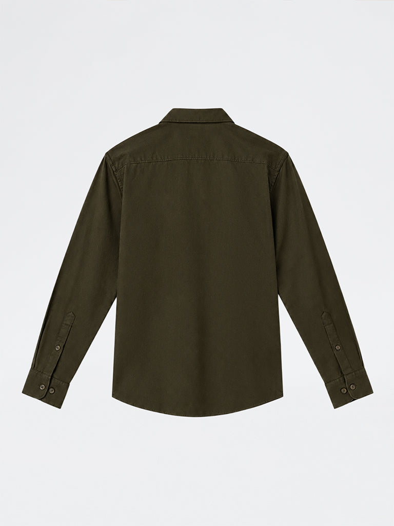 WES Casuals Dark Olive Solid Relaxed-Fit Denim Shirt