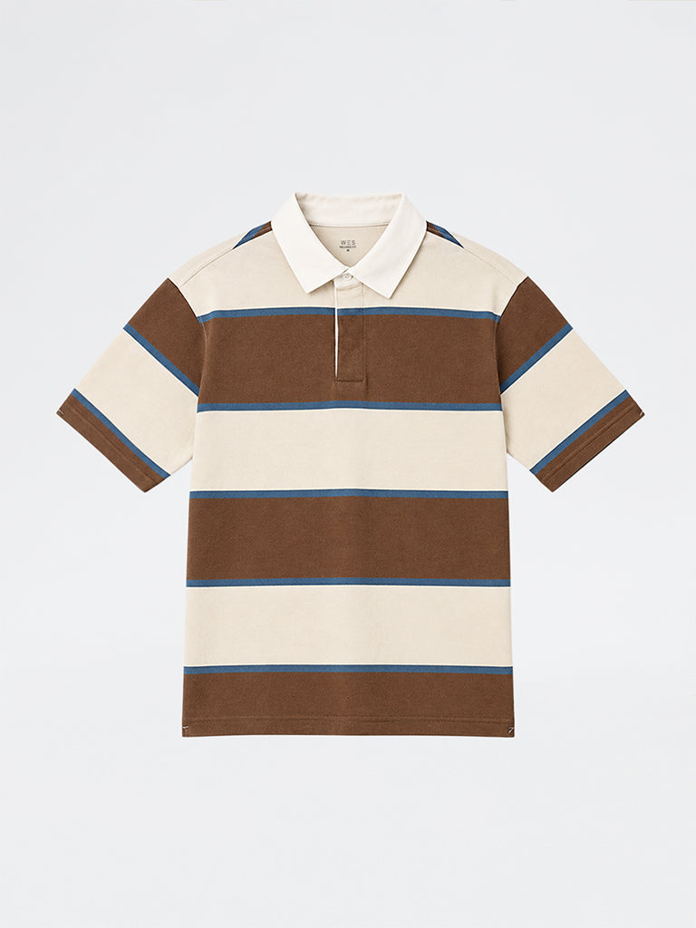 WES Casuals Brown Striped Relaxed-Fit Cotton-Blend Polo T-Shirt