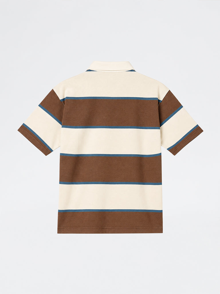 WES Casuals Brown Striped Relaxed-Fit Cotton-Blend Polo T-Shirt
