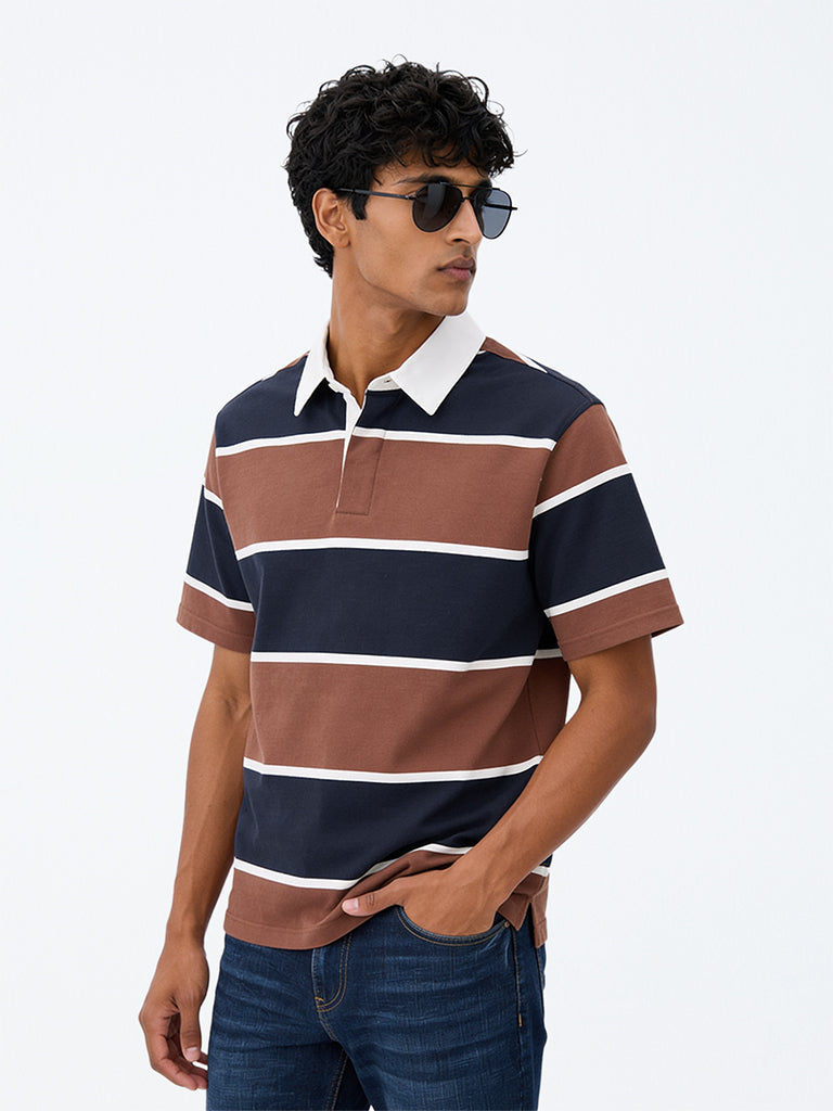 WES Casuals Brown and Navy Relaxed-Fit Cotton-Blend Polo T-Shirt