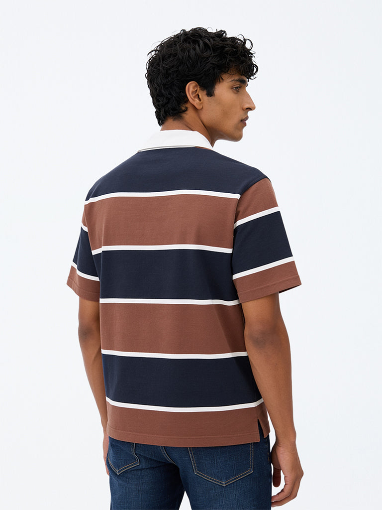 WES Casuals Brown and Navy Relaxed-Fit Cotton-Blend Polo T-Shirt