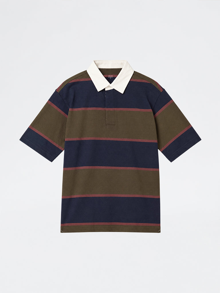 WES Casuals Olive Striped Relaxed-Fit Cotton-Blend Polo T-Shirt