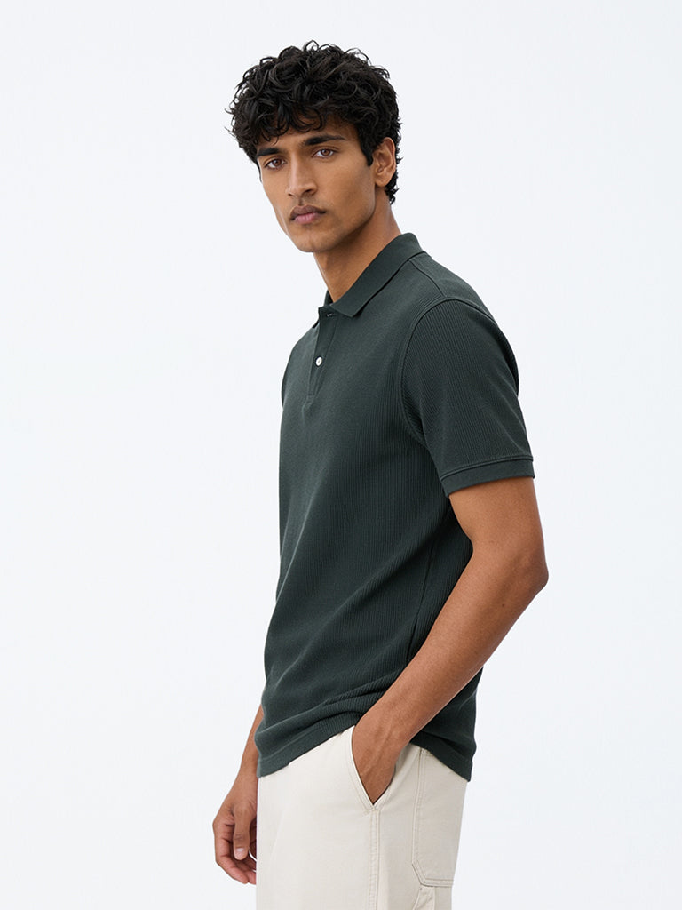 WES Casuals Dark Green Ribbed Relaxed-Fit Cotton Polo T-Shirt