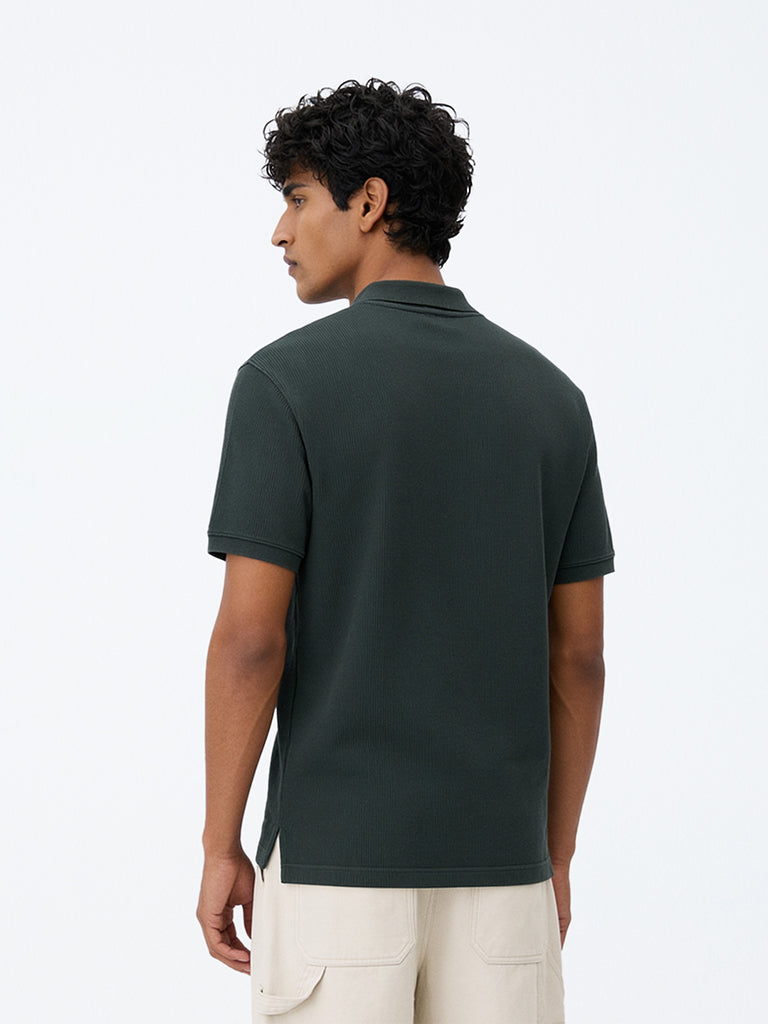 WES Casuals Dark Green Ribbed Relaxed-Fit Cotton Polo T-Shirt