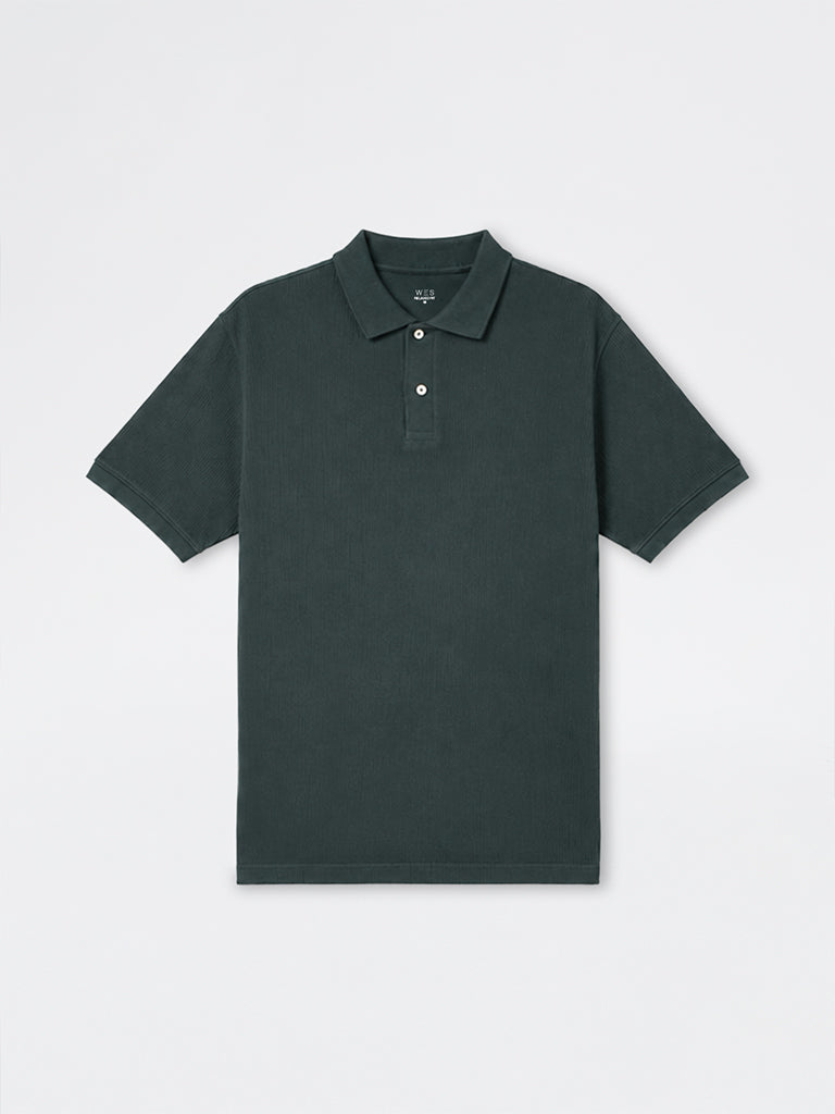 WES Casuals Dark Green Ribbed Relaxed-Fit Cotton Polo T-Shirt