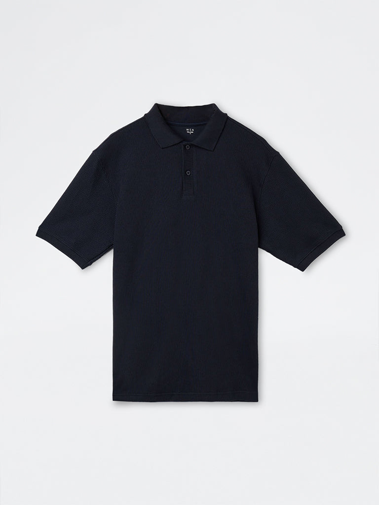 WES Casuals Navy Knitted Relaxed-Fit Cotton Polo T-Shirt