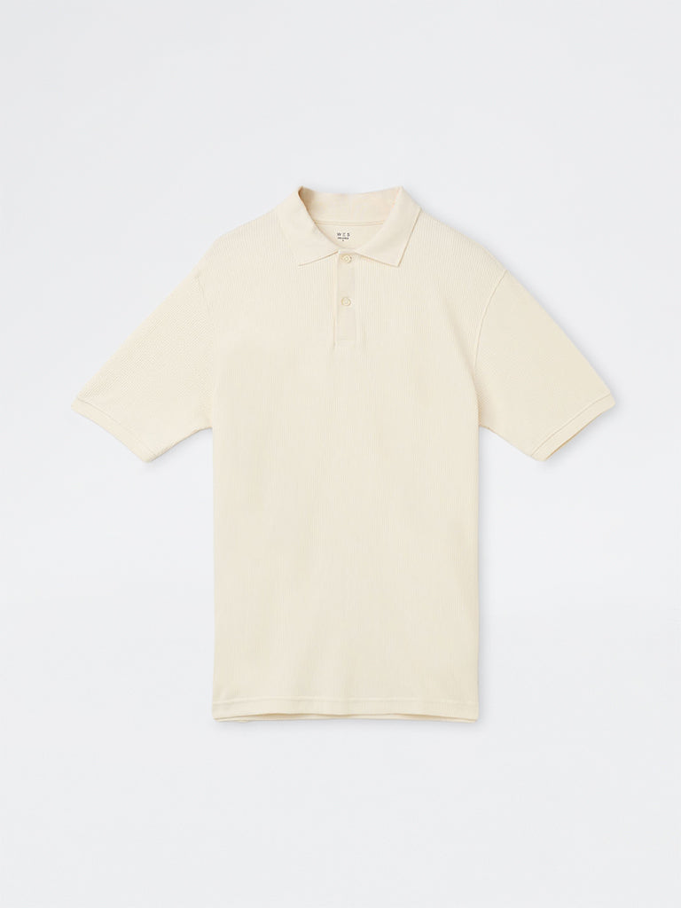 WES Casuals Cream Knitted Relaxed-Fit Cotton Polo T-Shirt