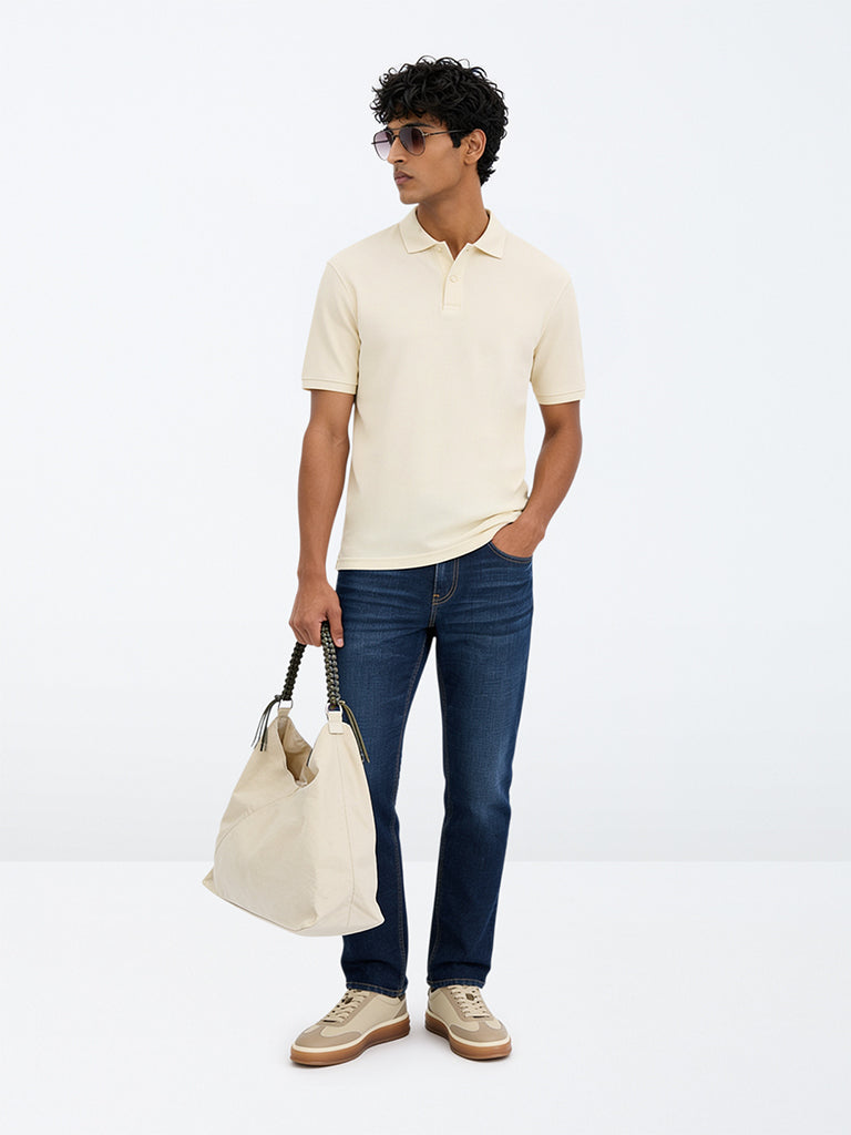 WES Casuals Cream Knitted Relaxed-Fit Cotton Polo T-Shirt