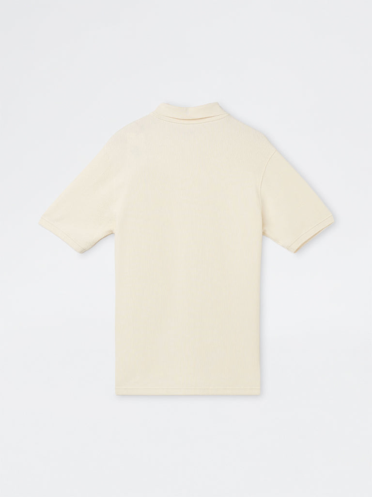 WES Casuals Cream Knitted Relaxed-Fit Cotton Polo T-Shirt