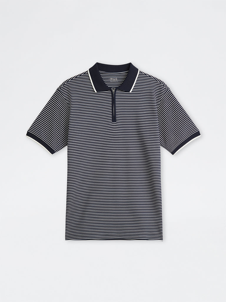 WES Casuals Navy Striped Relaxed-Fit Cotton Quarter Zip Polo T-Shirt