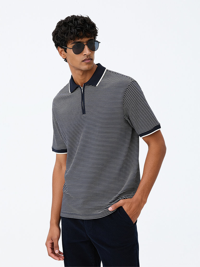 WES Casuals Navy Striped Relaxed-Fit Cotton Quarter Zip Polo T-Shirt