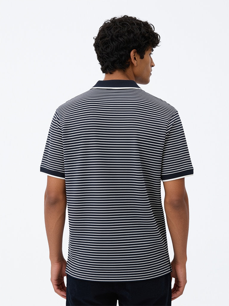 WES Casuals Navy Striped Relaxed-Fit Cotton Quarter Zip Polo T-Shirt