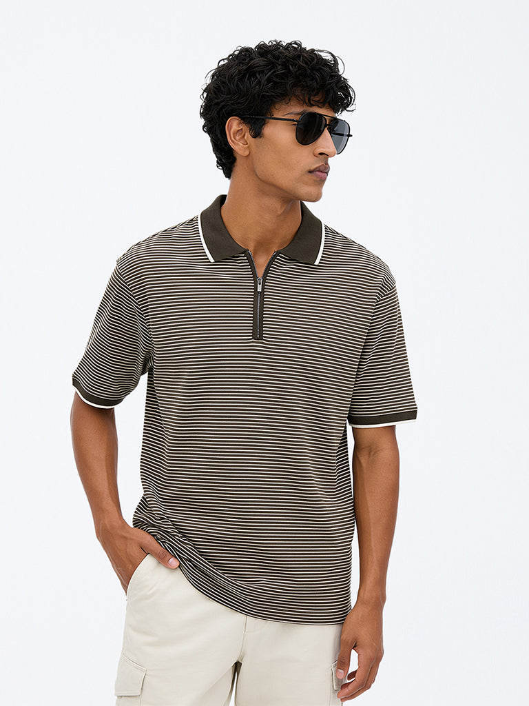 WES Casuals Olive Striped Relaxed-Fit Cotton Quarter Zip Polo T-Shirt