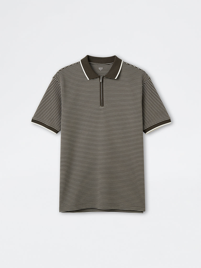WES Casuals Olive Striped Relaxed-Fit Cotton Quarter Zip Polo T-Shirt