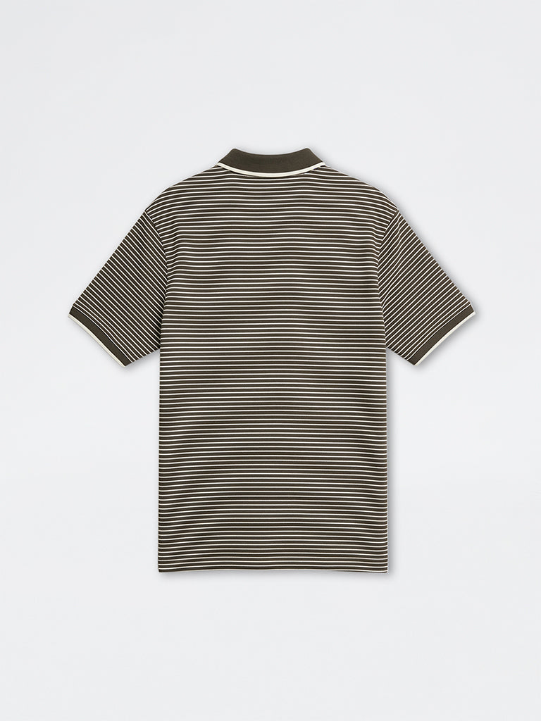 WES Casuals Olive Striped Relaxed-Fit Cotton Quarter Zip Polo T-Shirt