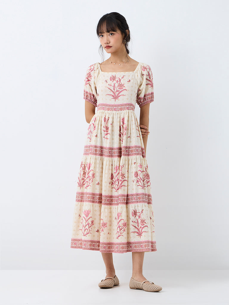 Bombay Paisley Off-White Floral Cotton Fit-and-Flare Dress