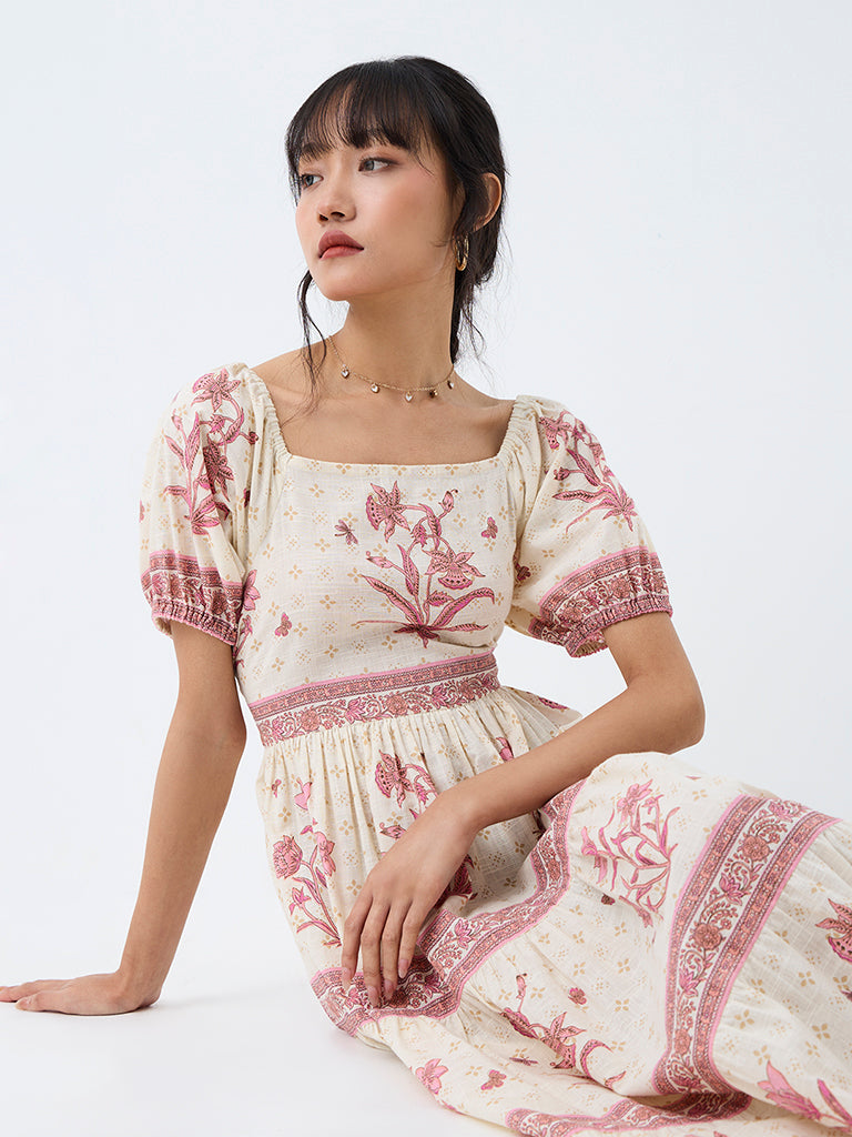 Bombay Paisley Off-White Floral Cotton Fit-and-Flare Dress