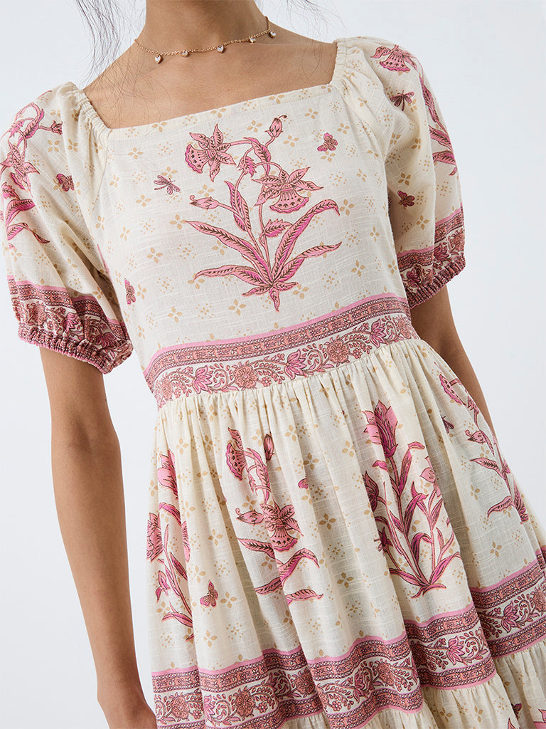 Bombay Paisley Off-White Floral Cotton Fit-and-Flare Dress
