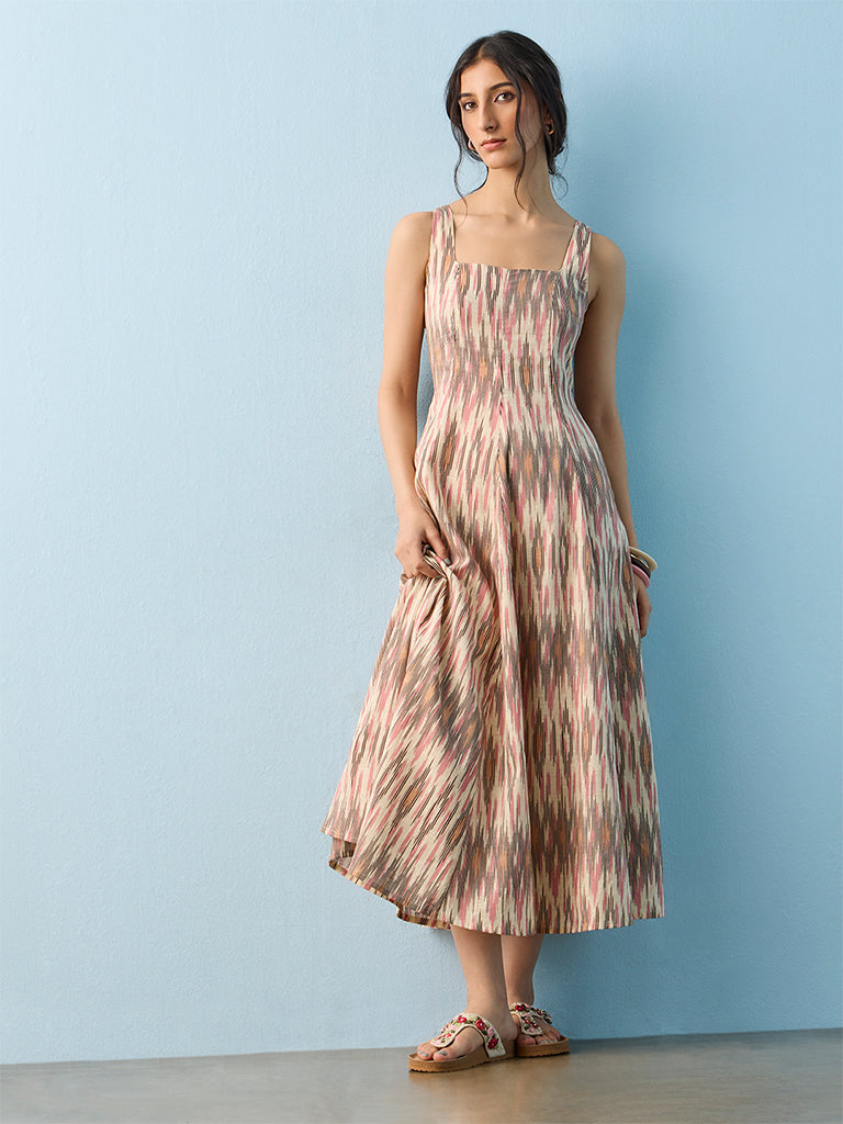 Bombay Paisley Beige Ikat Printed Cotton A-Line Dress