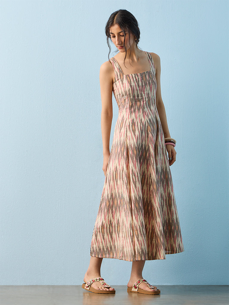 Bombay Paisley Beige Ikat Printed Cotton A-Line Dress