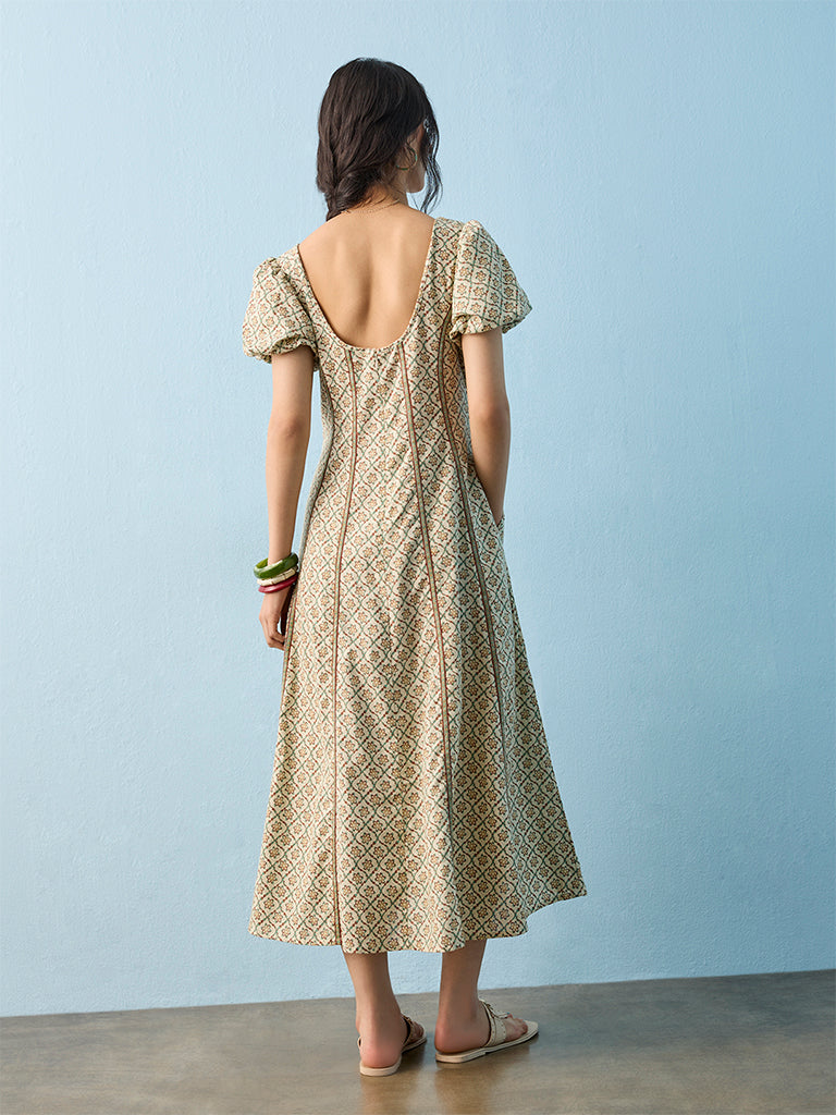 Bombay Paisley Off-White Floral Printed Cotton-Blend A-Line Dress