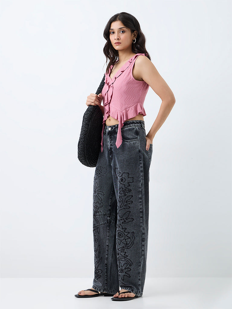 Bombay Paisley Blue-Wash High-Waist Barrel Fit Jeans
