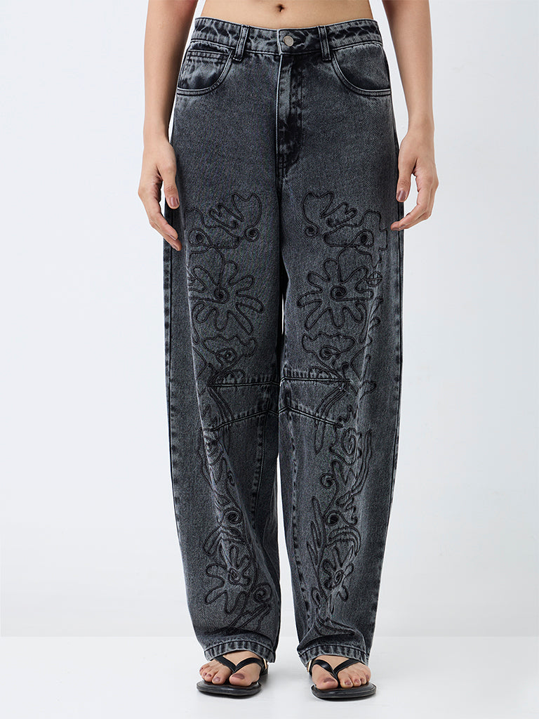 Bombay Paisley Black Wash High-Waist Barrel Jeans