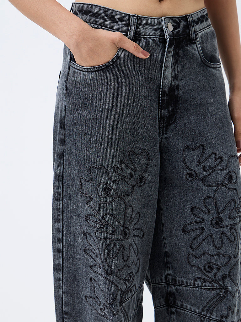 Bombay Paisley Blue-Wash High-Waist Barrel Fit Jeans