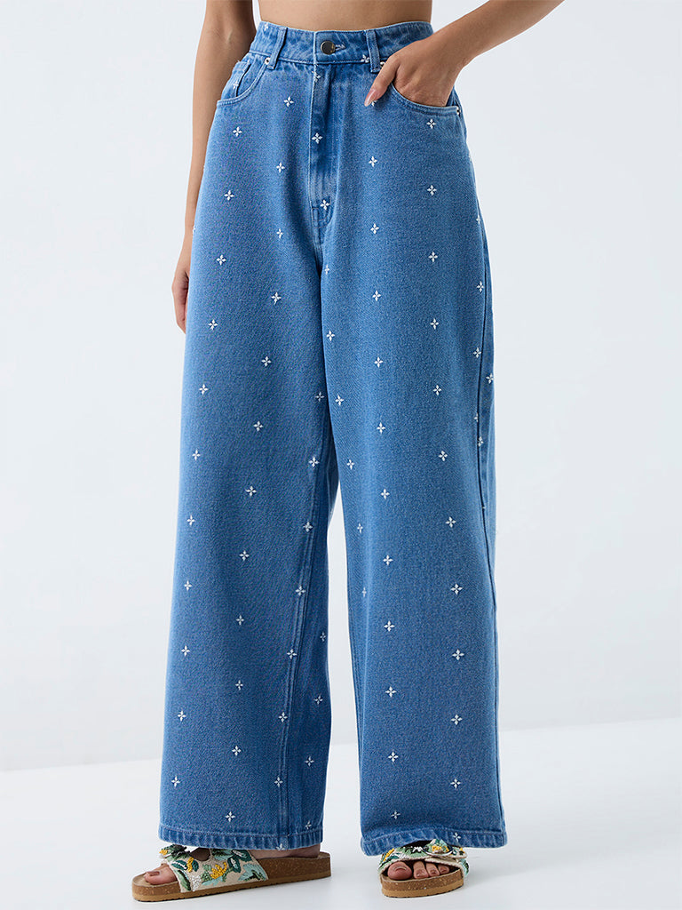 Bombay Paisley Blue Embroidered High-Rise Jeans
