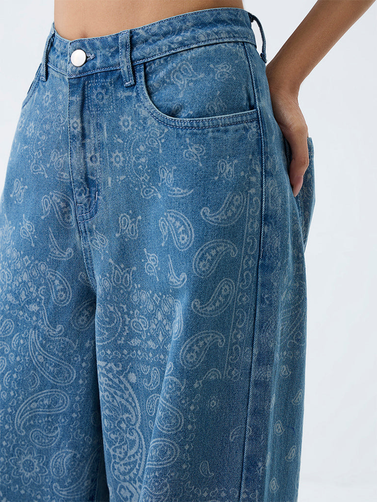 Bombay Paisley Blue Paisley Printed High-Rise Jeans