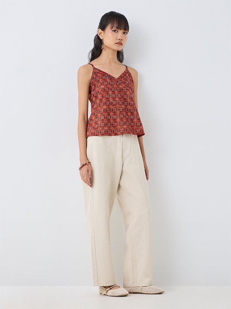 Bombay Paisley Light Beige High-Waist Straight-Fit Jeans with Stud Detailing