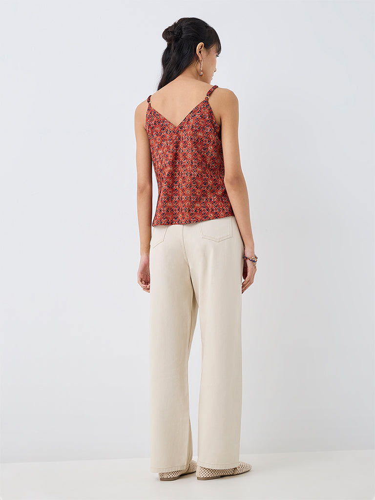 Bombay Paisley Light Beige High-Waist Straight-Fit Jeans with Stud Detailing
