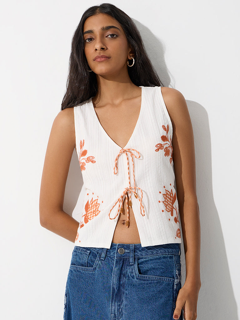 Bombay Paisley Off-White Floral Embroidered Cotton Top