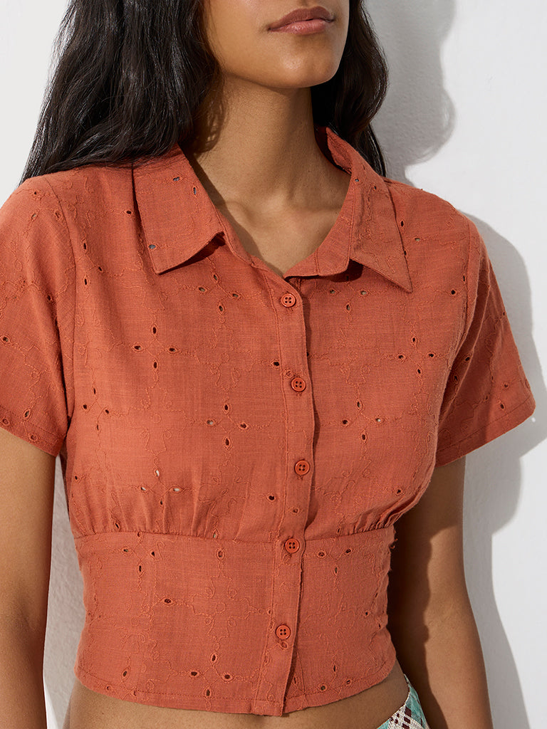 Bombay Paisley Rust Schiffli Embroidered Cotton Top