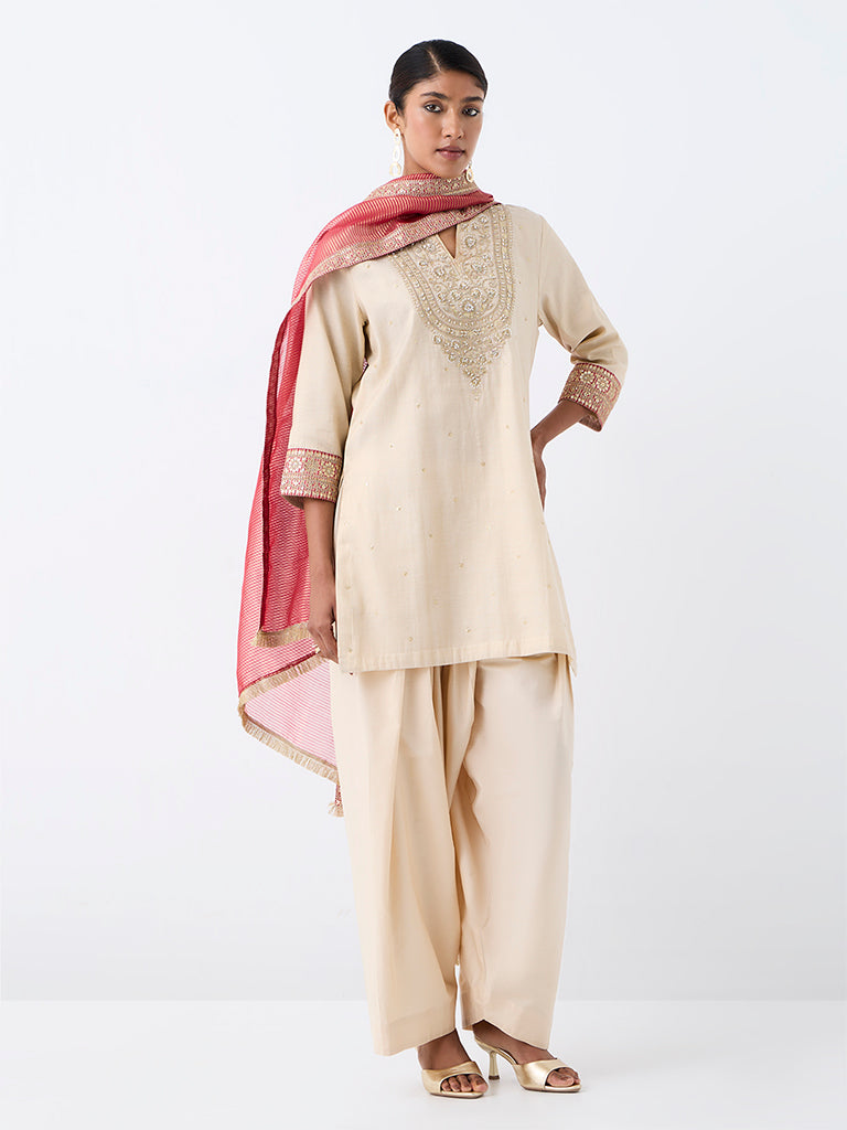 Vark Light Beige Floral Embellished A-Line Ethnic Set