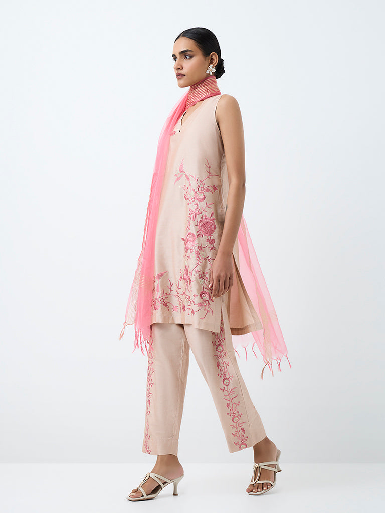 Vark Pink Floral Embroidered A-Line Ethnic Set