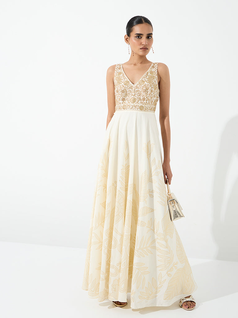 Vark Off-White Floral Embroidered Fit-and-Flare Maxi Dress