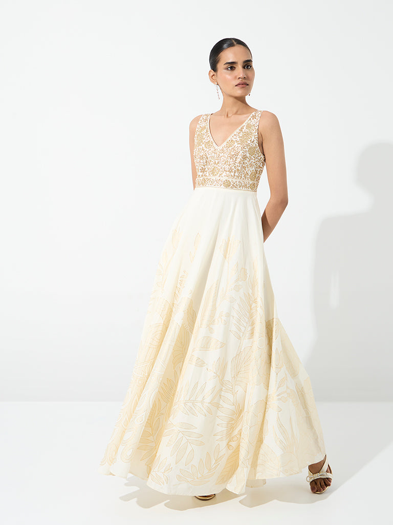 Vark Off-White Floral Embroidered Fit-and-Flare Maxi Dress