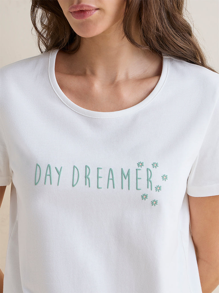 Wunderlove Off-White Text-Printed Cotton T-Shirt