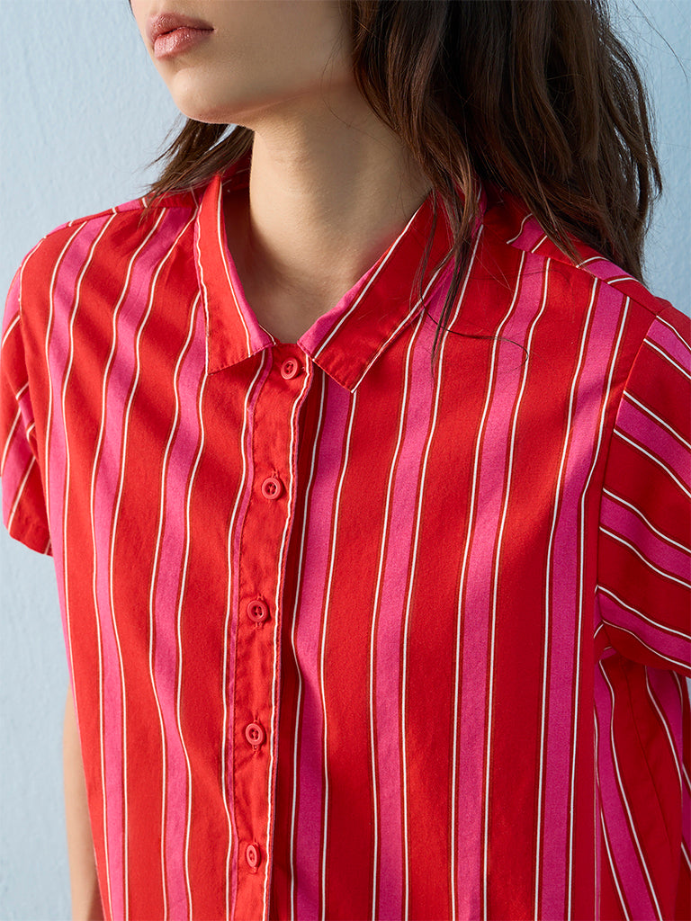 Superstar Coral Stripe Pattern Cotton Beach Shirt
